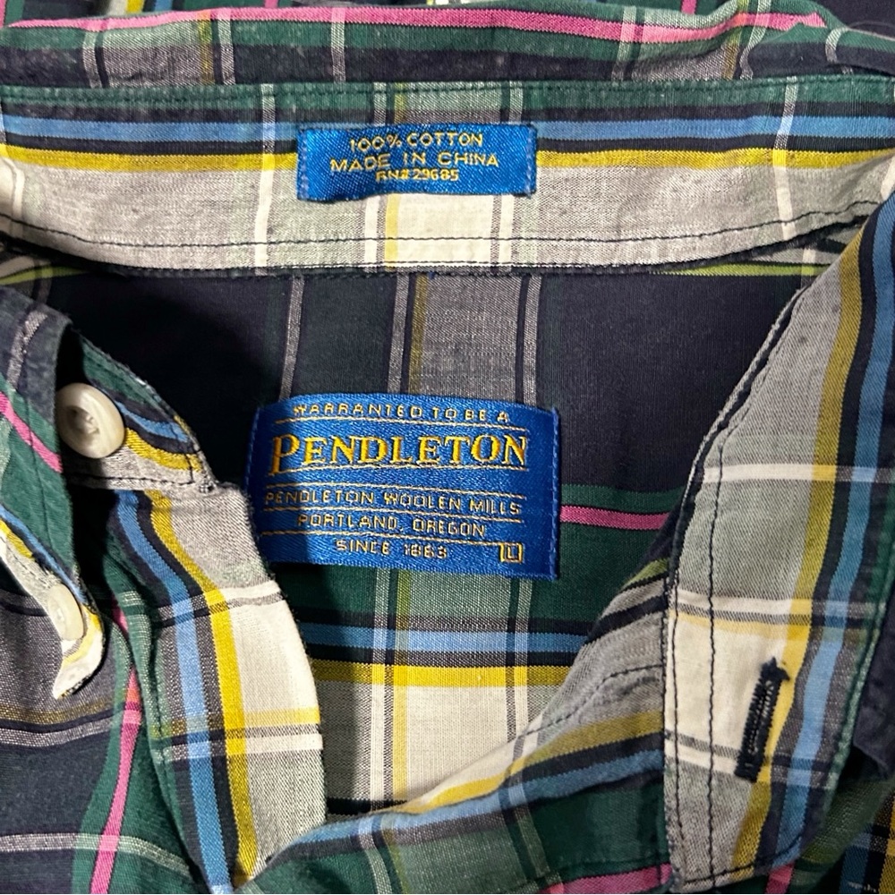 Pendleton Short Sleeve Button Down Shirt Men’s Large Plaid Green Blue White Pink